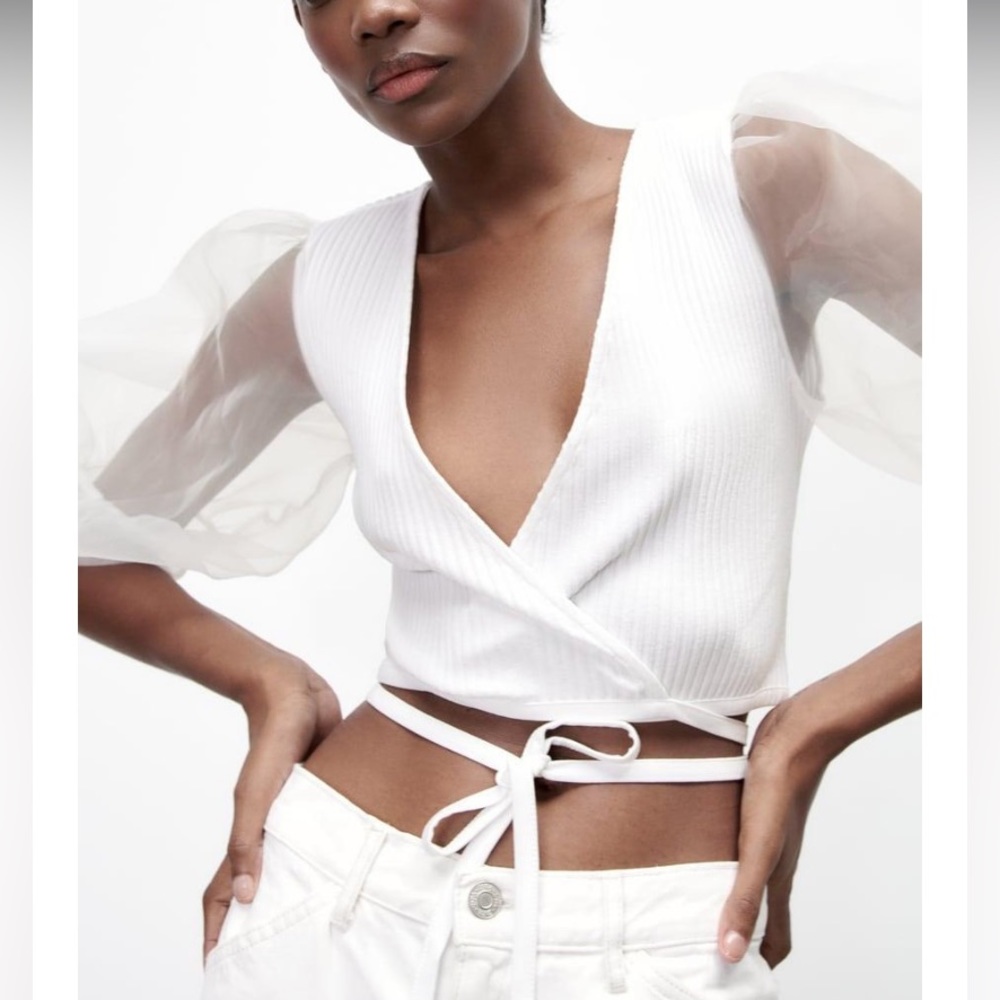 Zara White Wrap Top with Sheer Sleeves